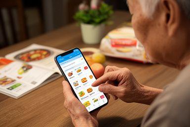 Elderly Singaporean man ordering food delivery using a smartphone app at his dining table
