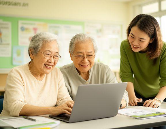 Senior Singaporean couple learning to use a laptop together in a bright classroom with an instructor nearby