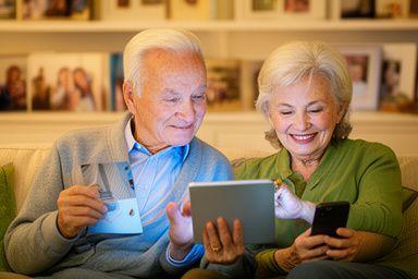 Senior couple sharing family photos via cloud storage on their devices in a cosy living room