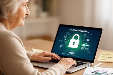 Senior woman reviewing online shopping security tips on her laptop with a lock icon visible on screen