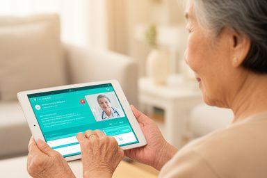 Senior Singaporean woman consulting a doctor via telemedicine on her tablet at home