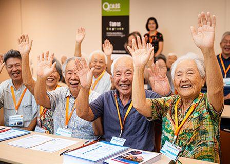 Group of cheerful seniors raising their hands during a tech class registration session in Singapore